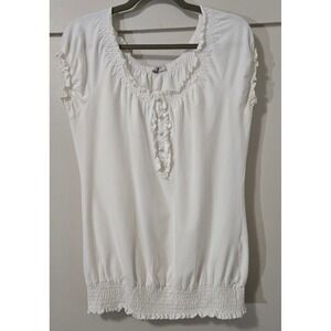 Romy Women's XL Boho-Chic Off-White Peasant Top Ruffle Smocked Hem Cap Sleeve